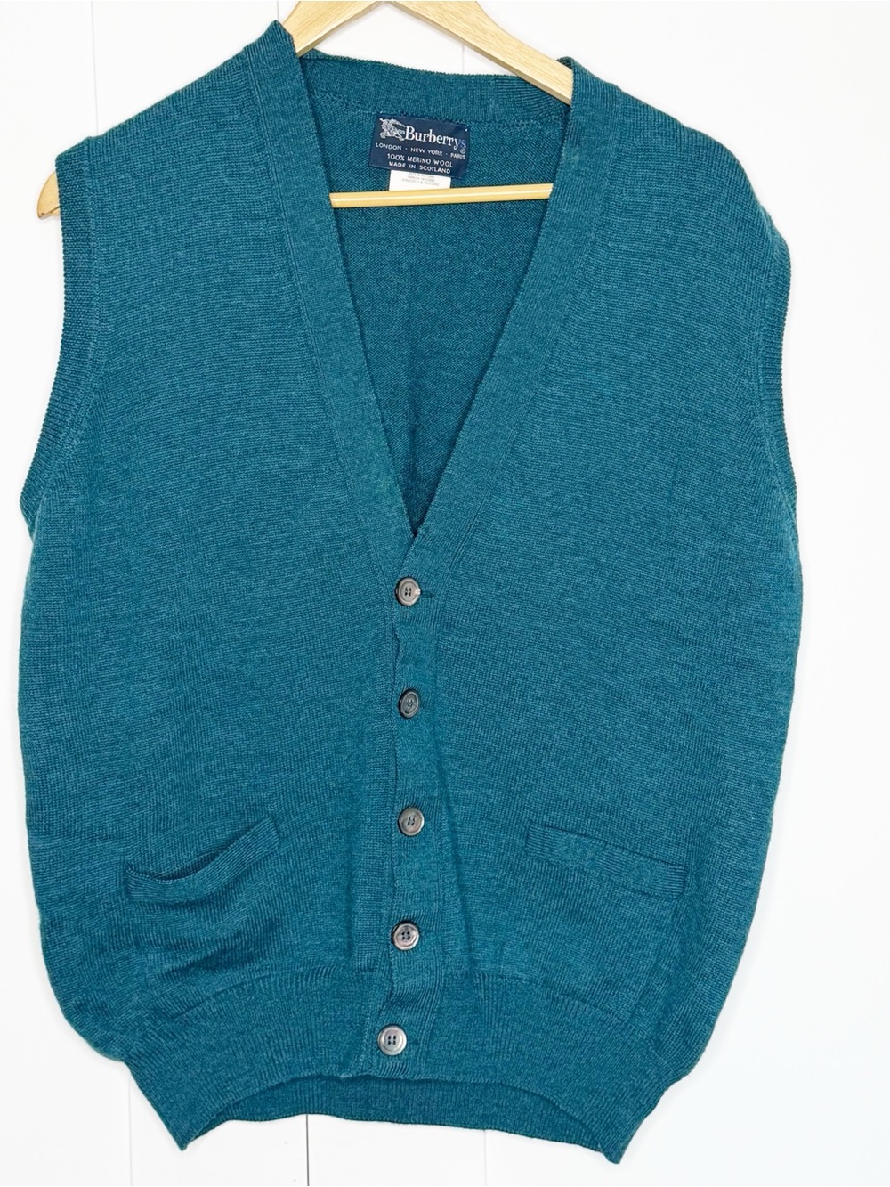 Burberry Vintage 80s merino Wool Scotland V Neck Sweater Vest small teal 90’s